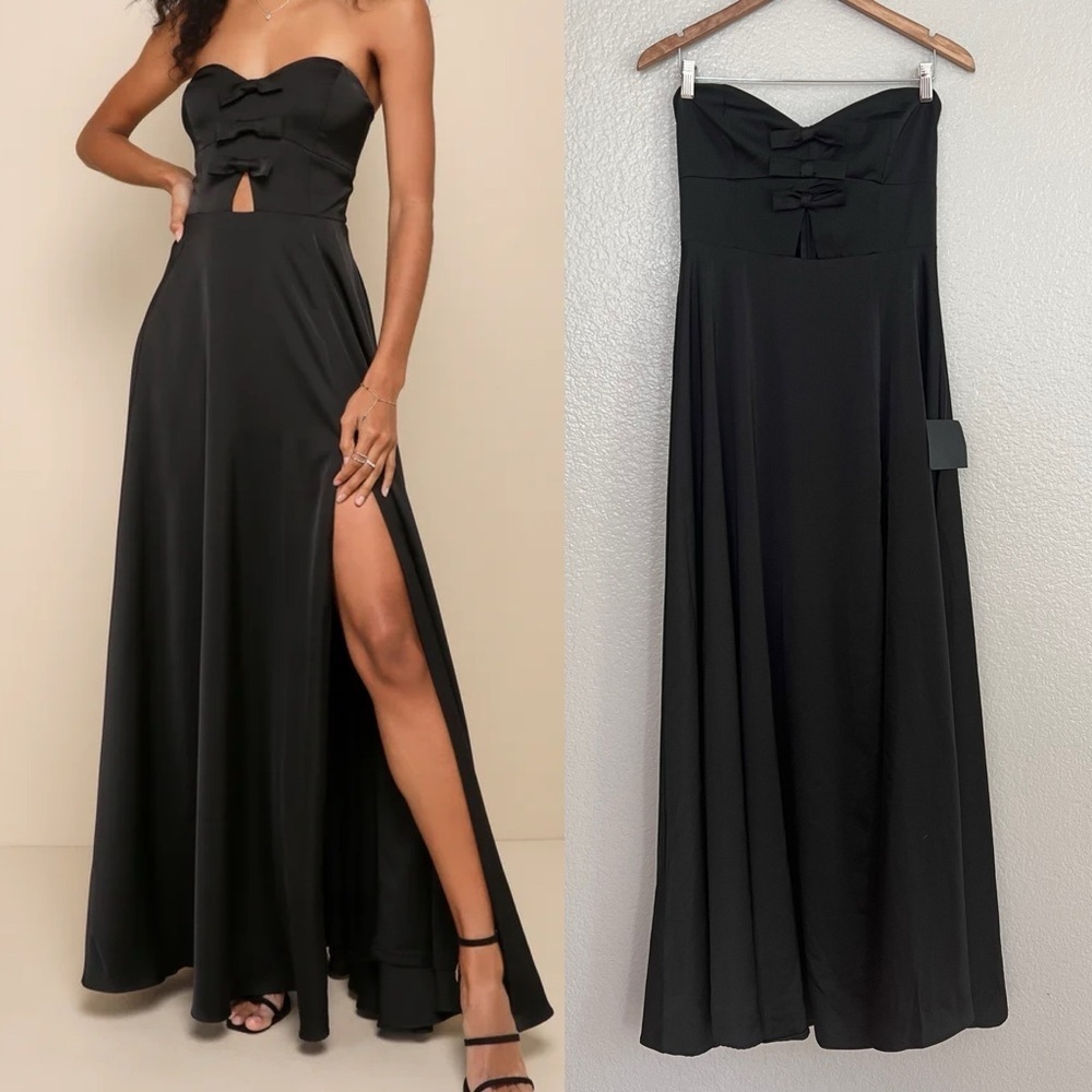 NWOT Upscale Poise Black Satin Bow Strapless Maxi Dress